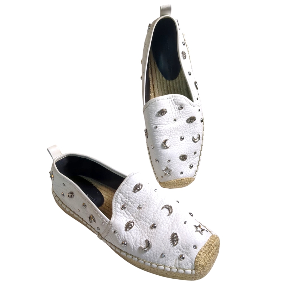 Rebecca Minkoff Beatrix White Leather Silver Charm Platform Espadrilles SZ 9